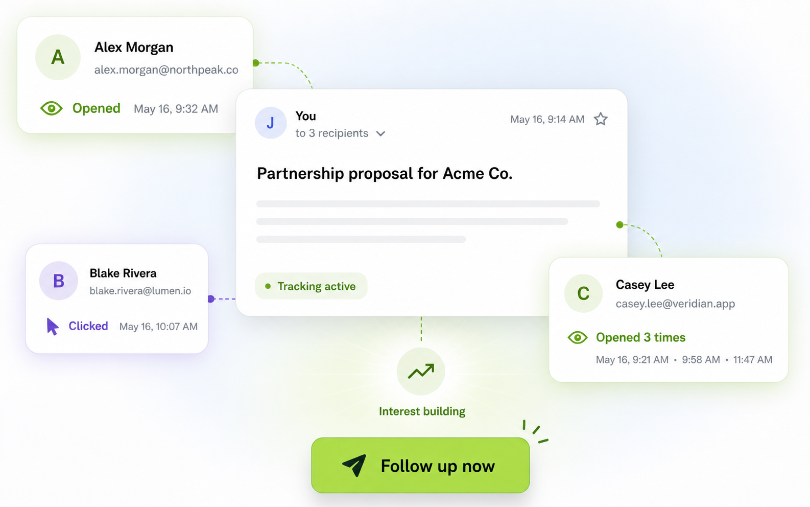 Illustration of an email with recipient activity and a Follow up now moment